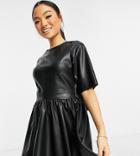 Asos Design Petite Leather Look T-shirt Mini Skater Dress In Black