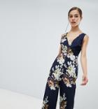 Hope And Ivy Petite Floral Wide Leg Jumpsuit-navy