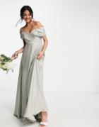 Asos Edition Satin Bardot Maxi Dress With Full Skirt In Sage Green