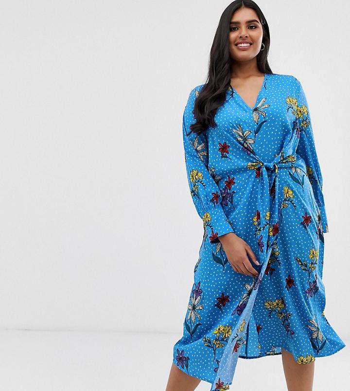 Influence Plus Knot Asymmetric Wrap Front Floral Midi Dress In Blue