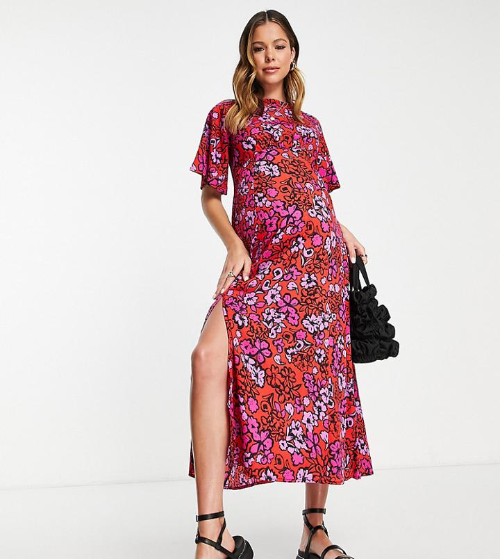 Influence Maternity Flutter Sleeve Midi Tea Dress In Red And Pink Floral