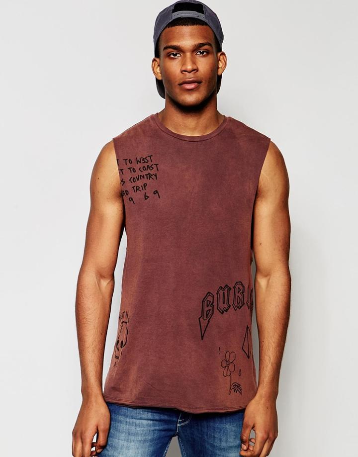 Asos Longline Tank With Handrawn Print And Acid Wash - Rust