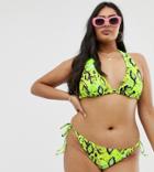 Asos Design Curve Mix And Match Tie Side Bikini Bottom In Neon Snake-green