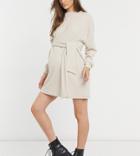 Asos Design Maternity Tie Waist Brushed Rib Mini Dress In Oatmeal-neutral