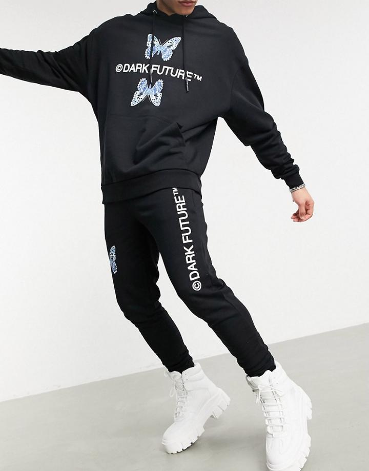 Asos Dark Future Set Skinny Sweatpants In Black With Butterfly Logo