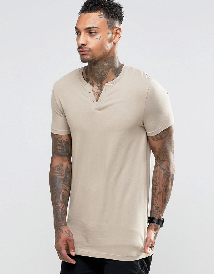 Asos Longline Muscle T-shirt With Notch Neck In Stone - Beige