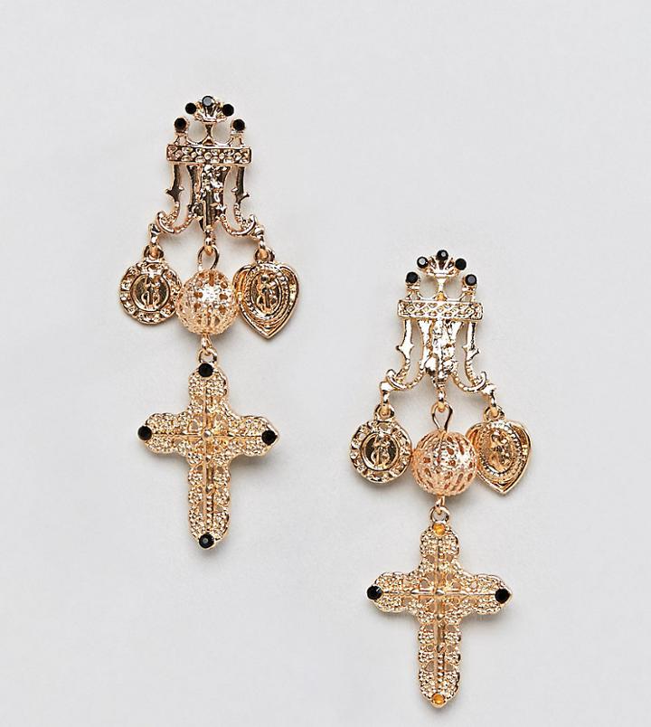 Reclaimed Vintage Inspired Baroque Cross Earrings - Gold