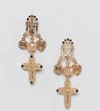 Reclaimed Vintage Inspired Baroque Cross Earrings - Gold