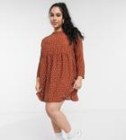 Asos Design Curve Long Sleeve Smock Mini Dress In Rust Dot-multi