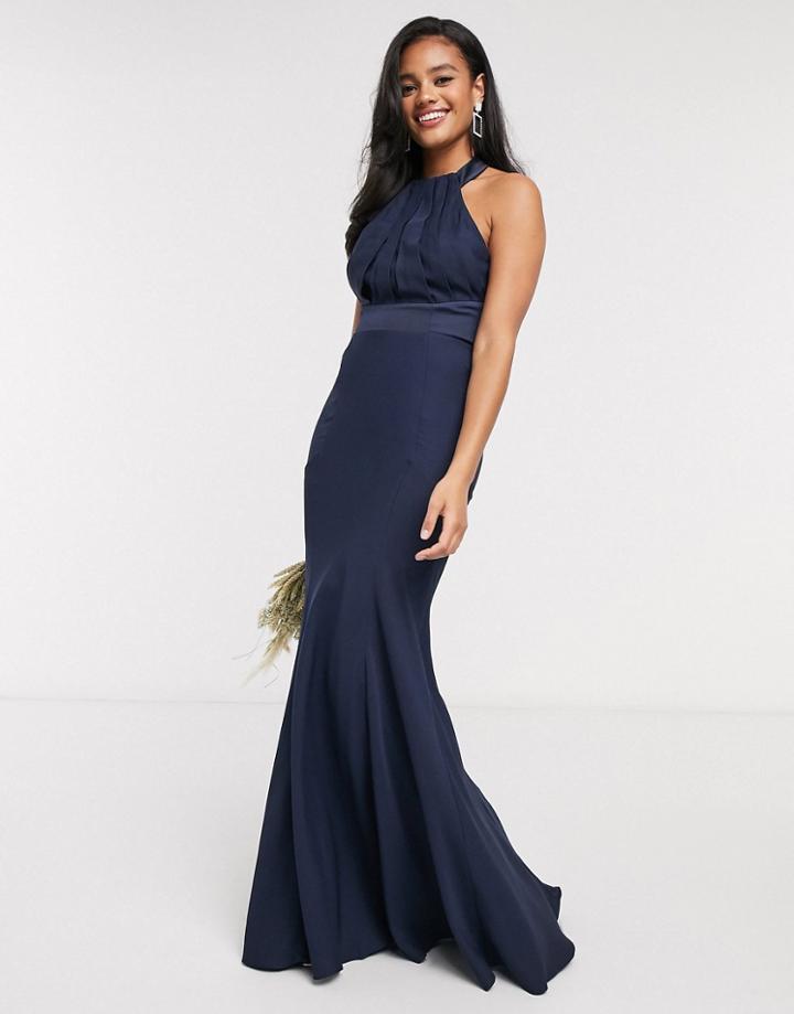 Asos Design Bridesmaid Halter Pleated Maxi Dress With Paneled Skirt In Navy