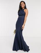 Asos Design Bridesmaid Halter Pleated Maxi Dress With Paneled Skirt In Navy