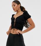 Asos Design Tall Puff Sleeve Top With Lace Up Front With Short Sleeve In Black