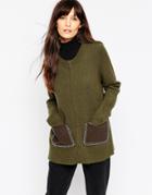 Asos Knitted Bomber With Leather Look Pockets - Green