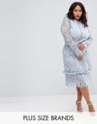 Truly You Midi Dress With Lace Sleeve And Skirt - Blue