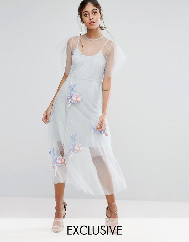 Hope & Ivy Embroidered Mesh Midi Skater Dress - Gray