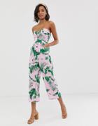 Asos Design Bandeau Button Front Jumpsuit With Pockets In Tropical Print - Multi