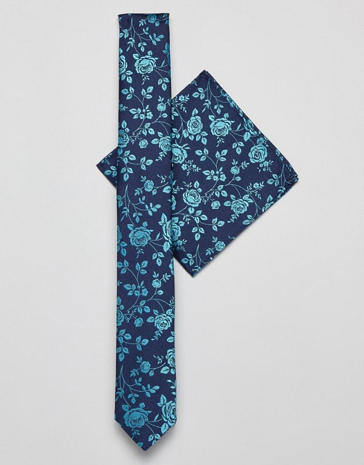 Asos Design Slim Tie And Pocket Square In Navy Floral - Navy