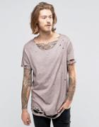 Asos Super Longline T-shirt With Print And Heavy Distressing In Rust - Rust
