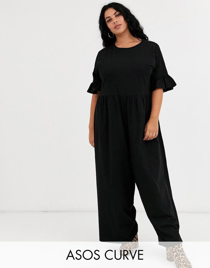 Asos Design Curve Smock Jumpsuit With Frill Sleeve