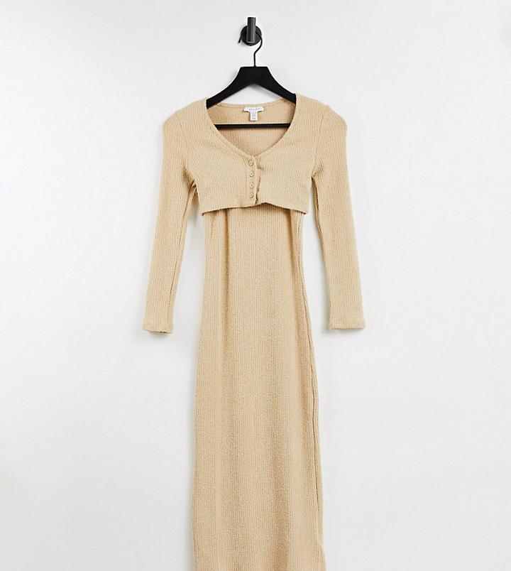 Topshop Petite Fluffy Rib Cardigan Midi Dress In Beige-neutral