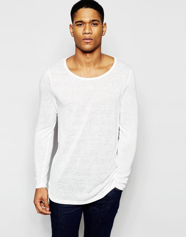 Asos Sheer Slub Jersey Muscle Longline Long Sleeve T-shirt - White