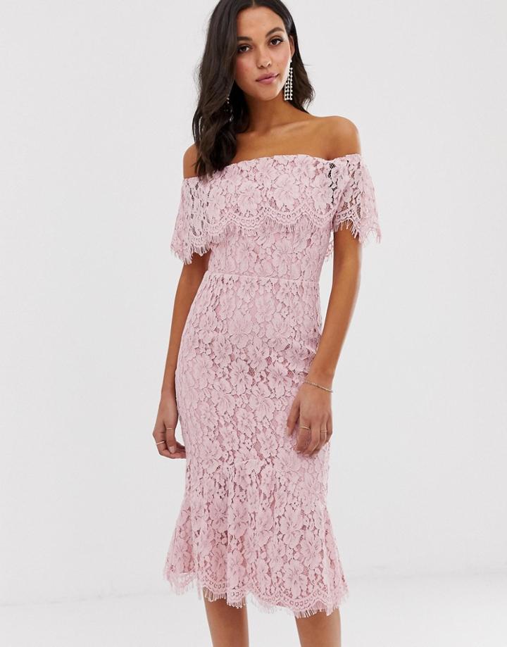 Little Mistress Bardot All Over Lace Midi Dress-pink