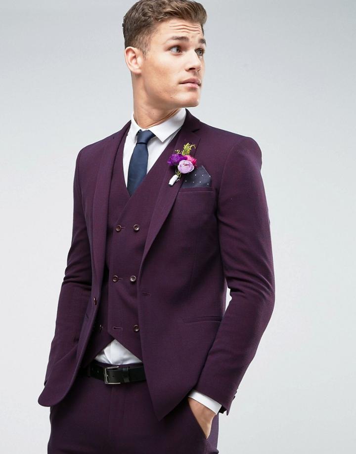 Asos Wedding Skinny Suit Jacket In Cross Hatch With Printed Lining - Red