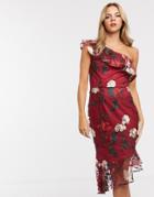 Chi Chi London One Shoulder Midi Dress In Floral Embroidery-multi