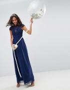 Asos Wedding Lace Mesh Insert Sleeve Maxi Dress - Navy