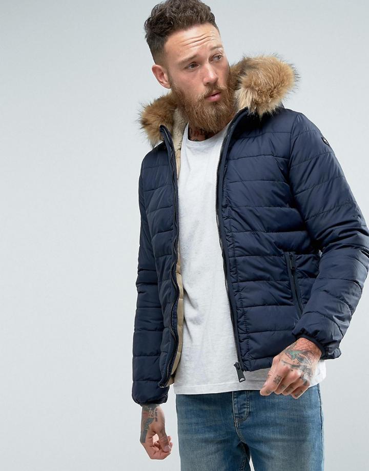 Schott Rocky 2 Puffer Bomber Hooded Detachable Faux Fur Trim Slim Fit In Navy - Navy
