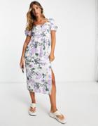 River Island Floral Milkmaid Midi Dress In Light Purple