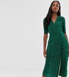 Asos Design Tall Midi Plisse Dress In Green Animal Print With Button Detail - Multi