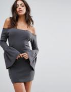 Missguided Flared Sleeve Bardot Ribbed Mini Dress - Gray