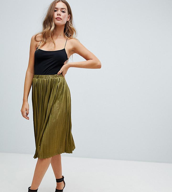 Missguided Exclusive Pleated Midi Skirt In Khaki - Green