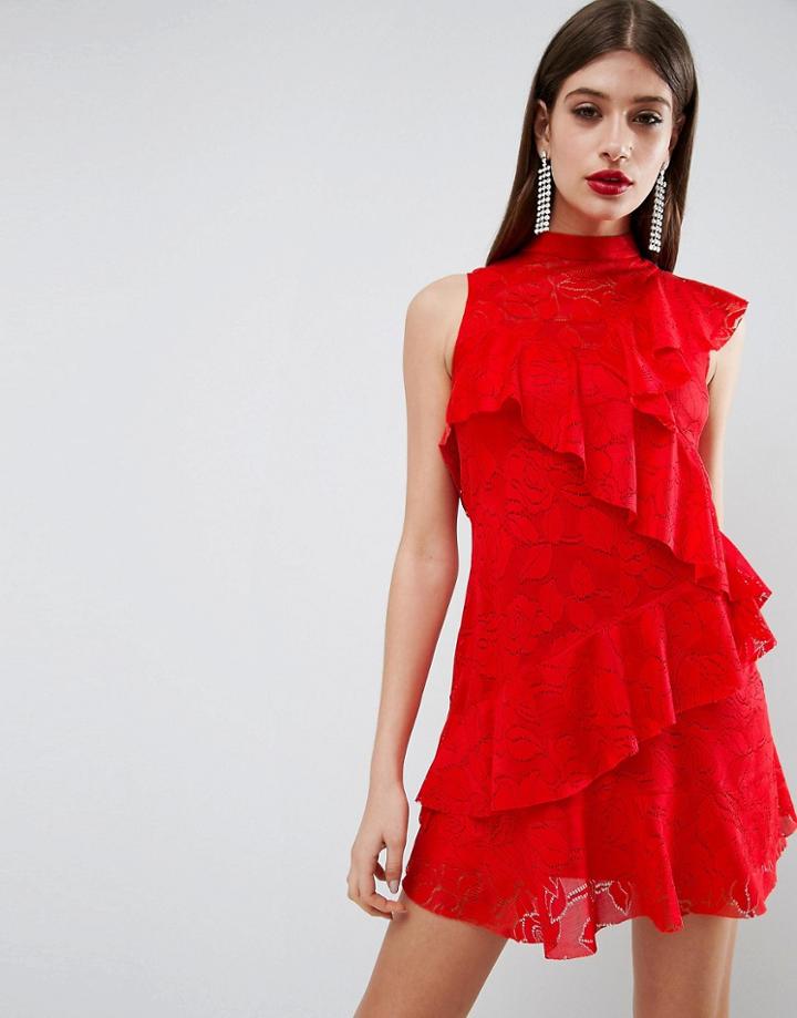 Asos Lace Ruffle Mini Ra Ra Dress - Red