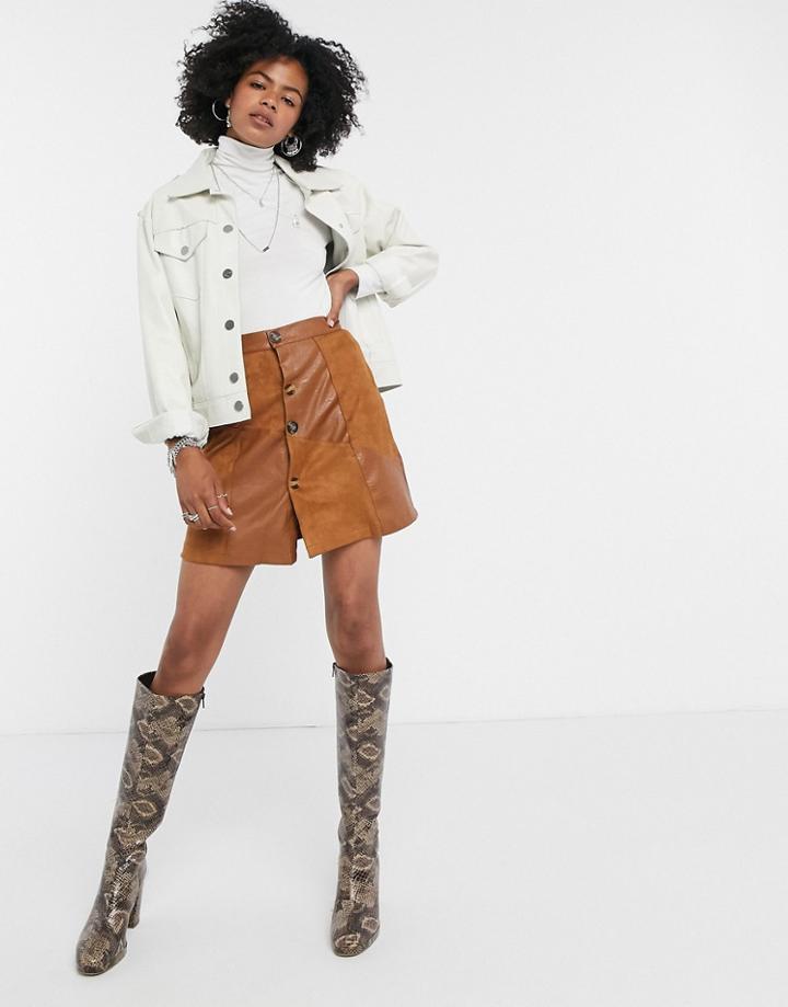 Lost Ink Mini Skirt In Faux Suede Patchwork-brown