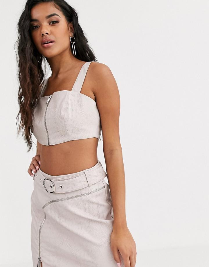 4th & Reckless Zip Detail Mock Croc Crop Top In Pink