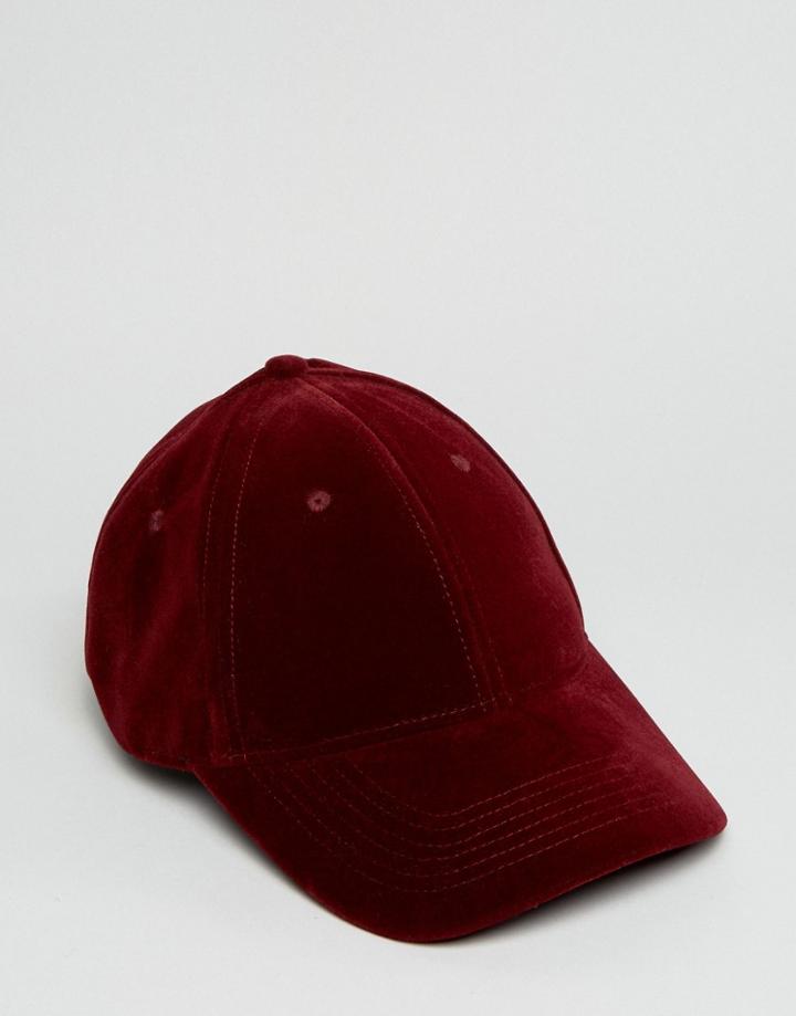 Asos Baseball Cap In Burgundy Velvet - Red