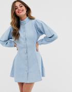 Asos Design Denim High Neck Sleeve Detail Shirt Dress-blue