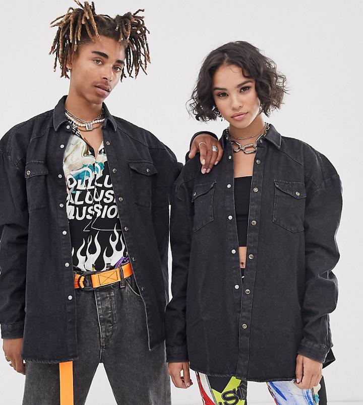 Collusion Unisex Oversized Western Denim Shirt In Washed Black