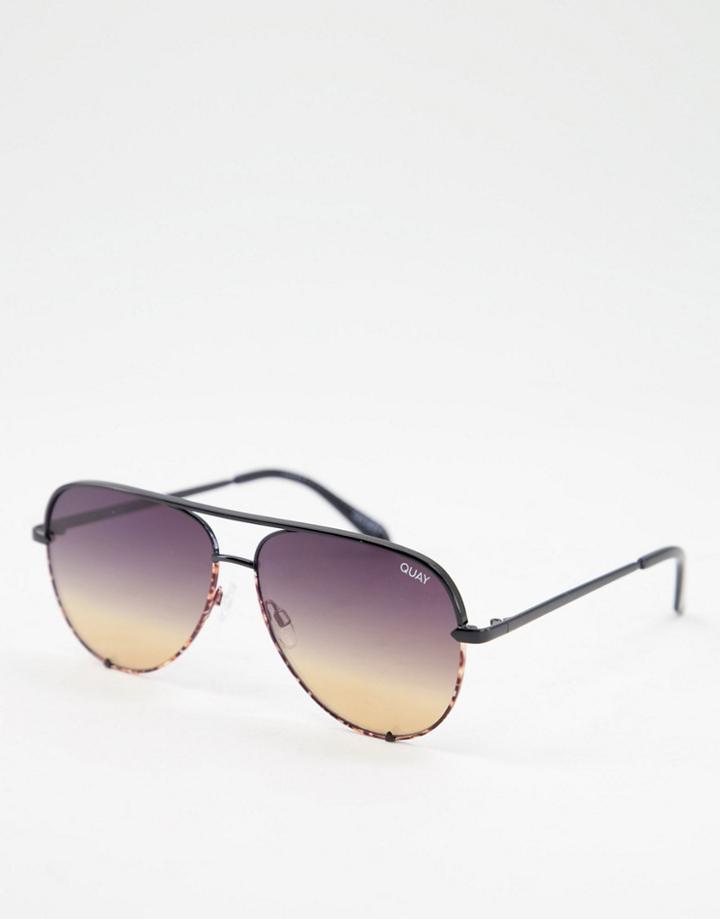 Quay High Key Aviator Sunglasses In Black Tort And Gold Lens
