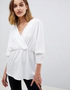 Asos Design Wrap Top With Ruched Sleeves-black