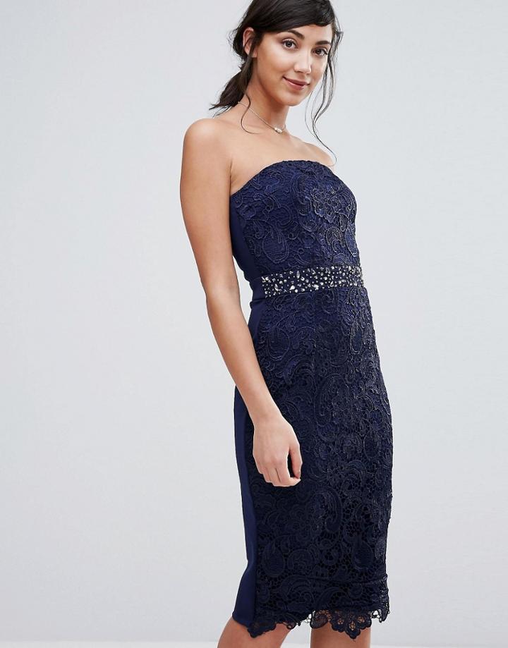 Little Mistress Bandeau Shift Dress With Embellished Waistline - Navy