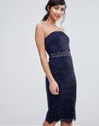 Little Mistress Bandeau Shift Dress With Embellished Waistline - Navy