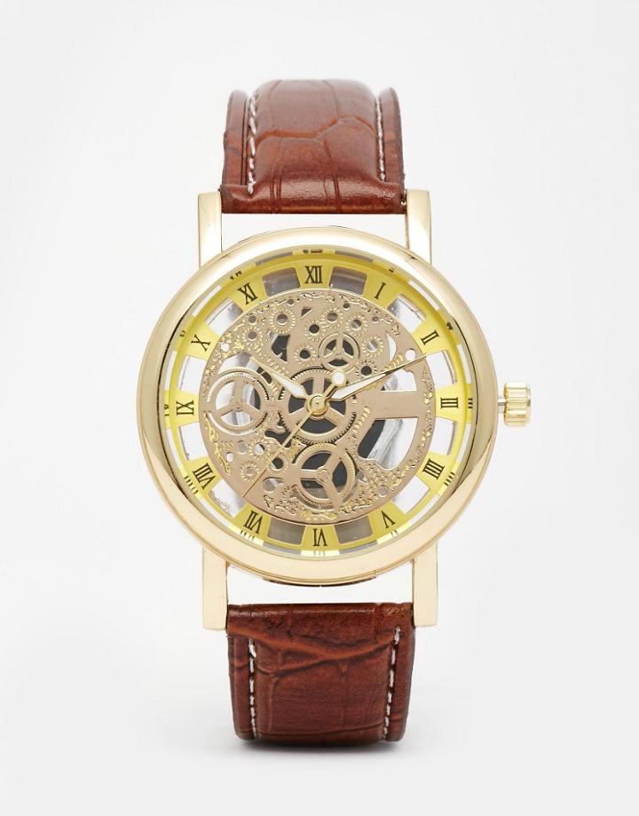 Reclaimed Vintage Exposed Mechanics Watch In Brown Leather - Brown