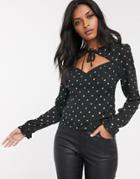 Fashion Union Tie Front Sweetheart Blouse In Allover Gold Dot