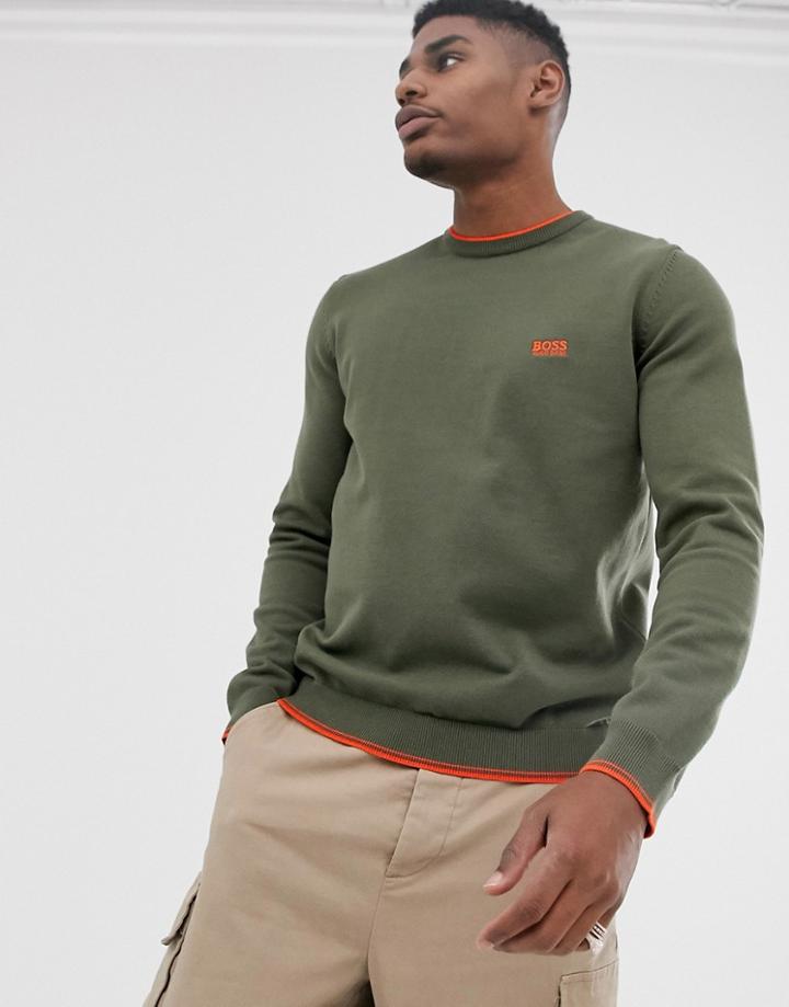 Boss Athleisure Orange Tipped Logo Crew Neck Sweater In Khaki-green