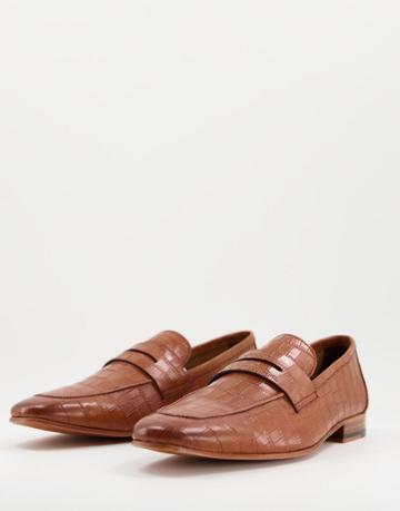Walk London Capri Penny Loafers In Croc Embossed Tan Leather-brown