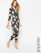 Asos Tall Floral Printed Piped Wrap Jumpsuit - Multi