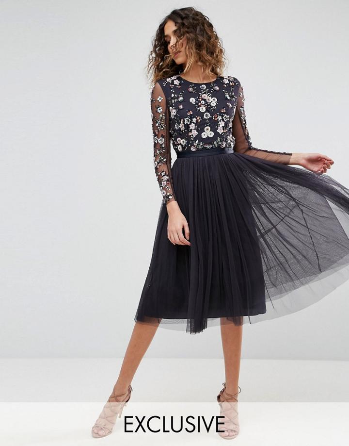 Needle & Thread Ditsy Scatter Tulle Midi Dress - Navy